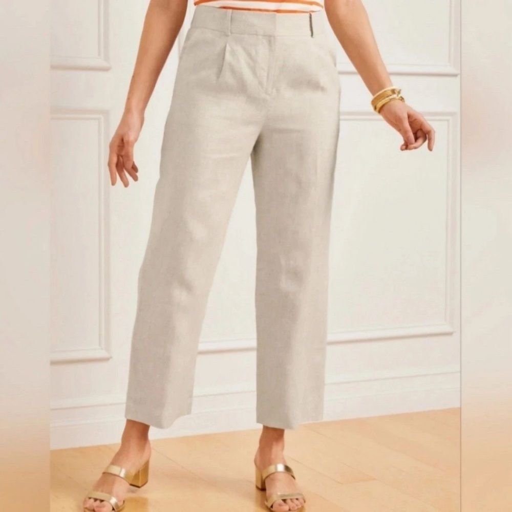 Talbots Wide Leg Linen Pants Bristol Crop Trousers Petite 14 Beige Elastic Waist